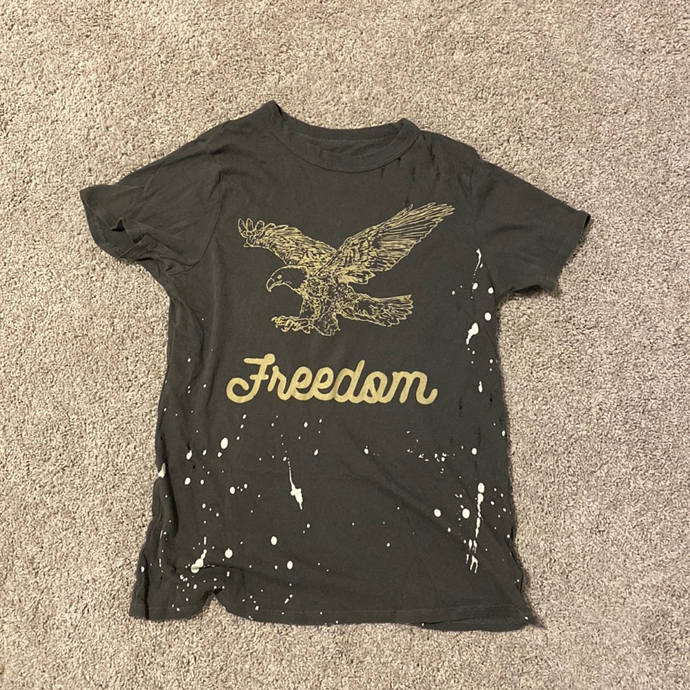 Lightly distressed and splatter painted short sleeve shirt.
